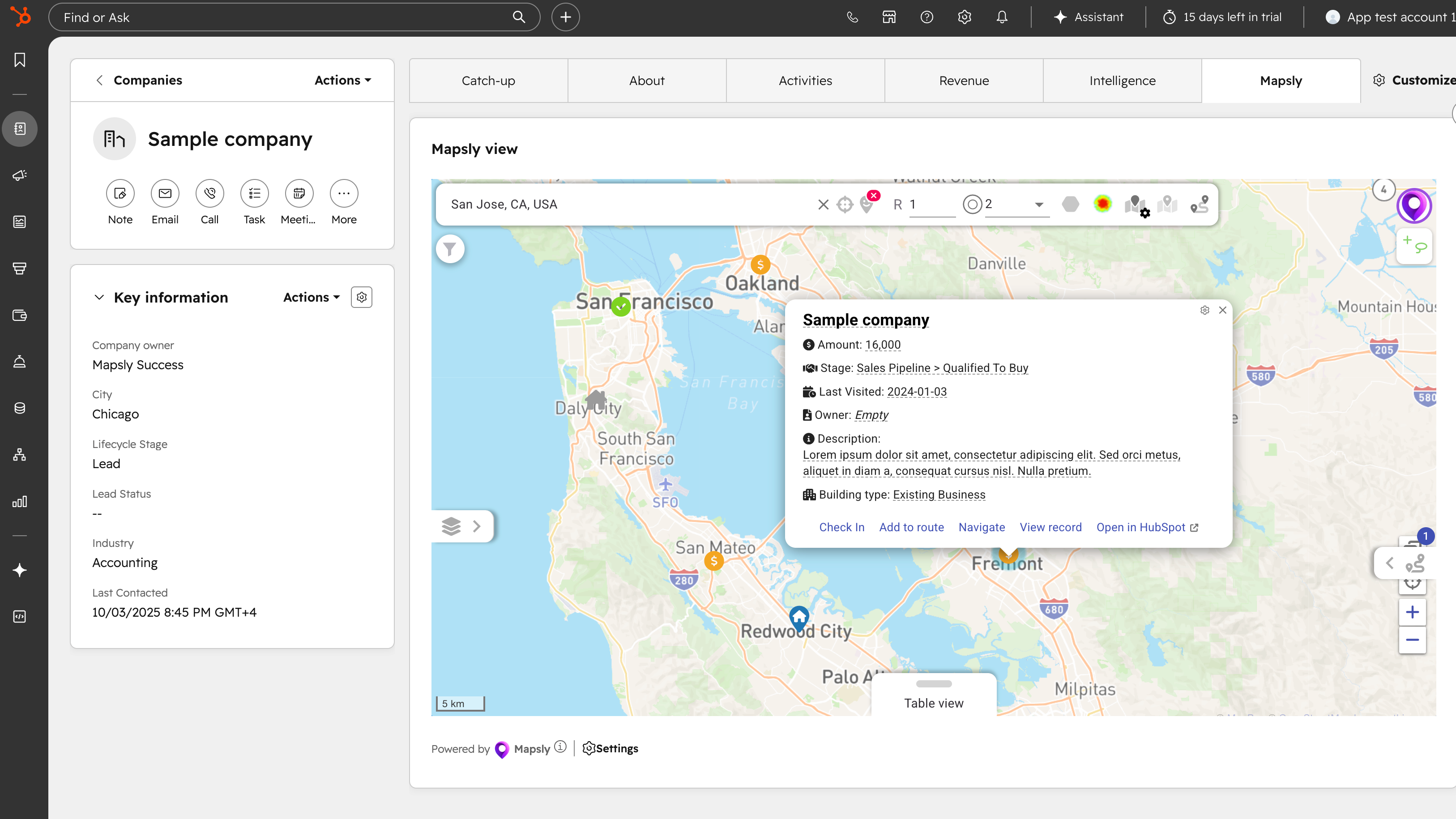 Mapsly in a HubSpot app card with a record location
